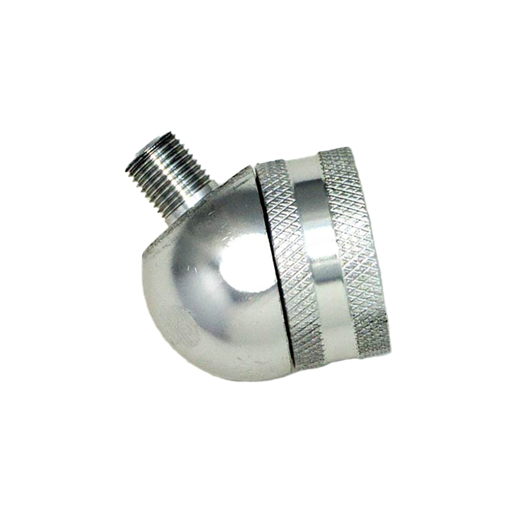 The Prestacycle Big Angle Presta Head is a metallic, angled fitting with a threaded male end and textured grip, designed for use with tubeless valves, shown isolated on a white background.