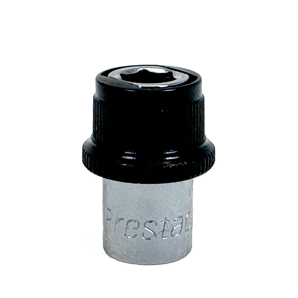 A close-up of a Prestacycle 1/4” Square to Hex Bits Quick Release Adapter, featuring a silver and black design with Prestacycle branding, shown next to a mini ratchet from the Prestacycle Bicycle Bit Set.