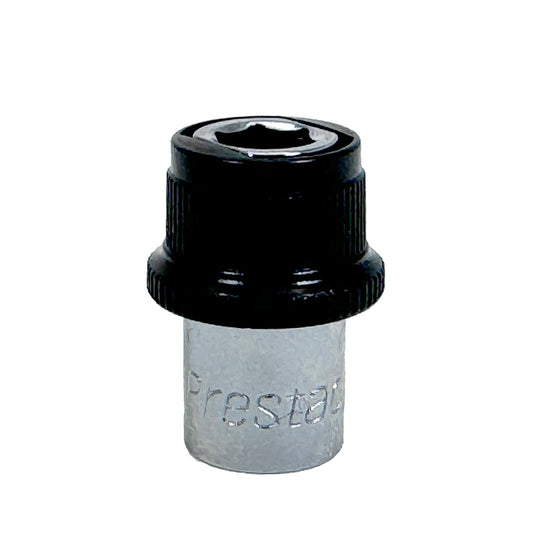 A close-up of a metal and black plastic Prestacycle Torque Wrench Adapter with a star-shaped top, designed for securing car wheels. Frasta is engraved on the side, and its compatible with 1/4″ socket-type wrenches for easy installation.