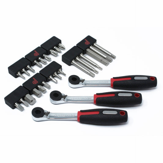 The Prestaratchet Pro - Mini Ratchet Bicycle Tool Workshop Set includes three reversible ratcheting wrenches with black and red handles plus hex and Torx bits in black holders, perfect as a bike wrench, all arranged neatly on a white background.