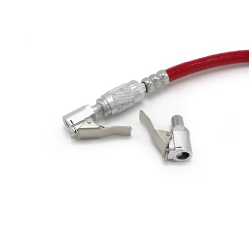 The Prestaflator PRO Digital Bicycle Tyre Inflator, featuring a red air hose with a silver connector and clip, machined brass internals for durability, and an extra metal clip, is displayed on a plain white background.