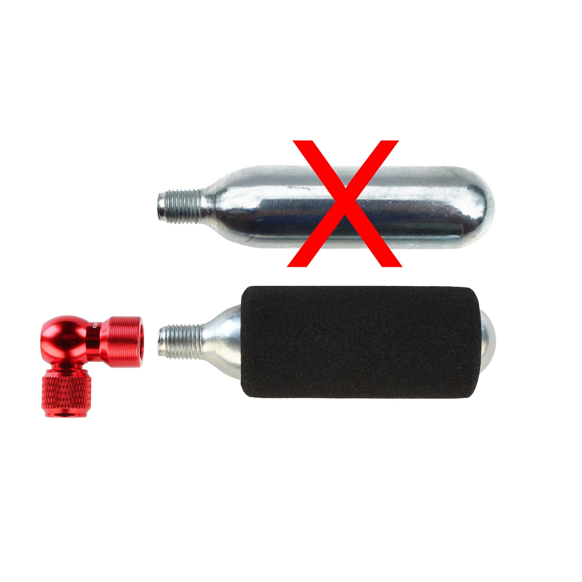 Two CO2 cartridges: one bare with a red X, the other covered in black foam and attached to a red valve, shown with the Prestacycle GO Bundle 8-in-1 Tool Kit. White background.