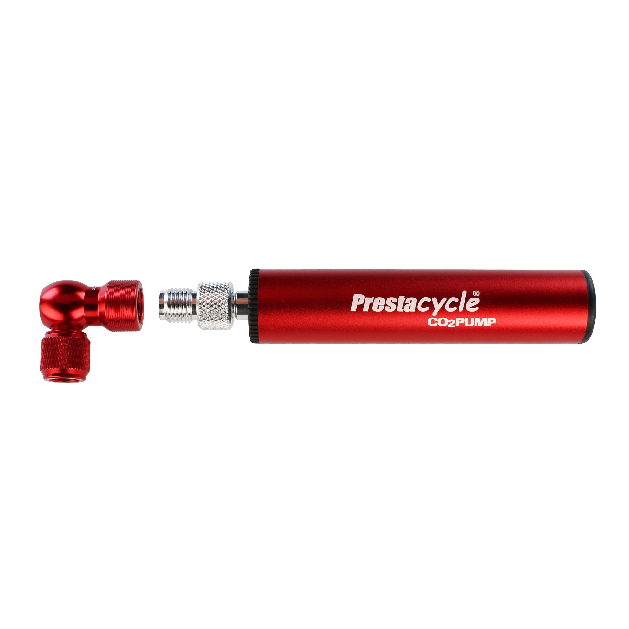 A red Prestacycle GO Bundle, an 8-in-1 tool kit for bikes, is shown horizontally on a white background, featuring metallic connectors and designed for tire inflation or use with a tubeless plugger kit.