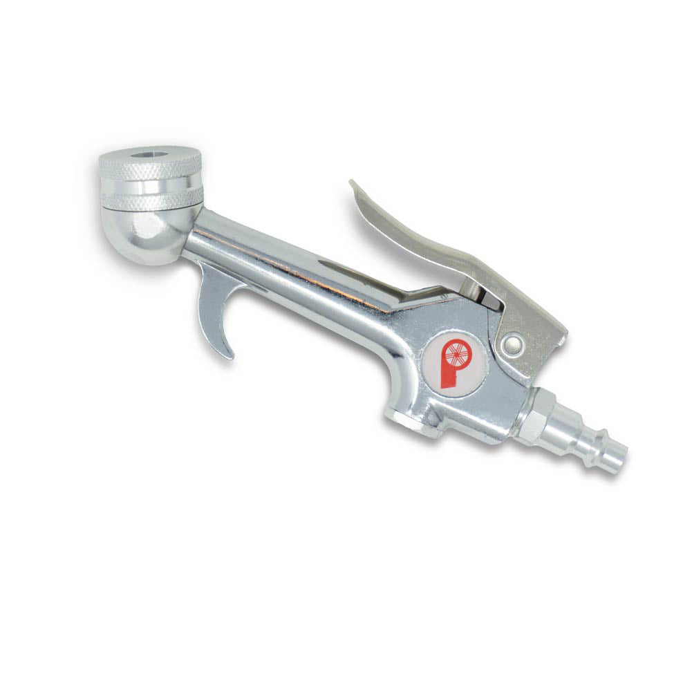 The Prestaflator Mini – Presta Air Compressor Tyre Inflator, a silver tool with a trigger handle and nozzle, is designed for cleaning or one-handed inflation using compressed air, shown isolated on a white background.