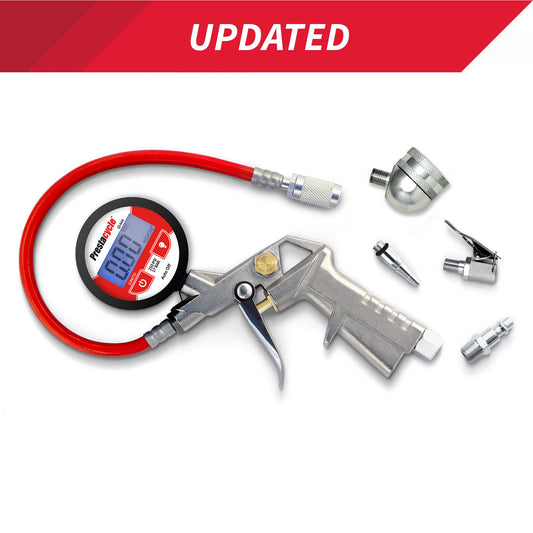 The Prestaflator Digital Bicycle Tyre Inflator for Presta & Schrader valves features a red hose, metal trigger, LCD display, five nozzle attachments on a white background, and an “UPDATED” banner highlighting its Rapid Response Digital Gauge.
