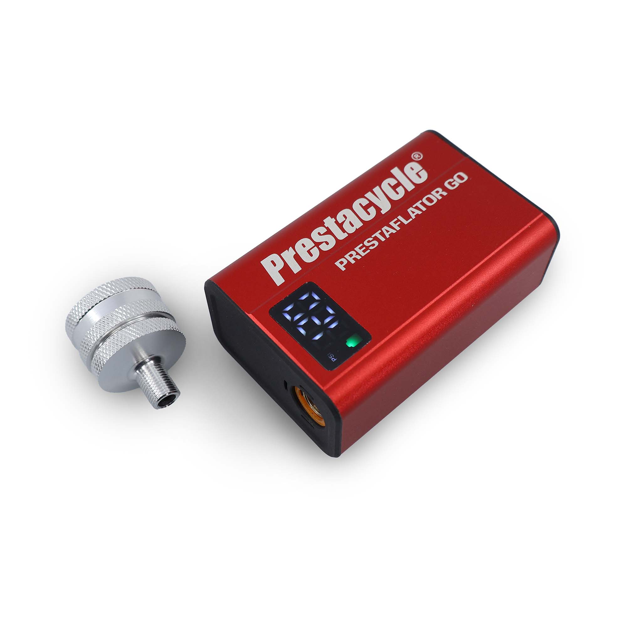 The Prestaflator GO - Portable Digital Rechargeable Preset Bicycle Tyre Inflator in red, shown with a silver nozzle attachment on a white background, is perfect for achieving accurate tyre pressure for your electric bike pump.