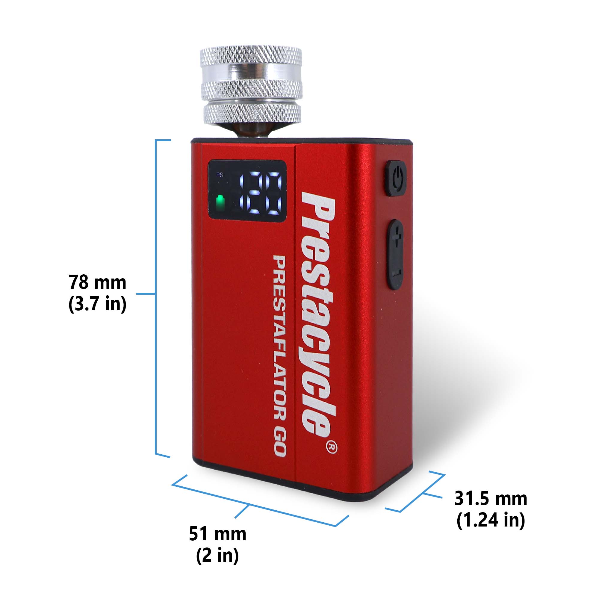The Prestaflator GO Portable Digital Rechargeable Preset Bicycle Tyre Inflator features a metal valve connector, compact size (78x51x31.5 mm), and digital display for perfect tyre pressure—ideal as an electric bike pump.