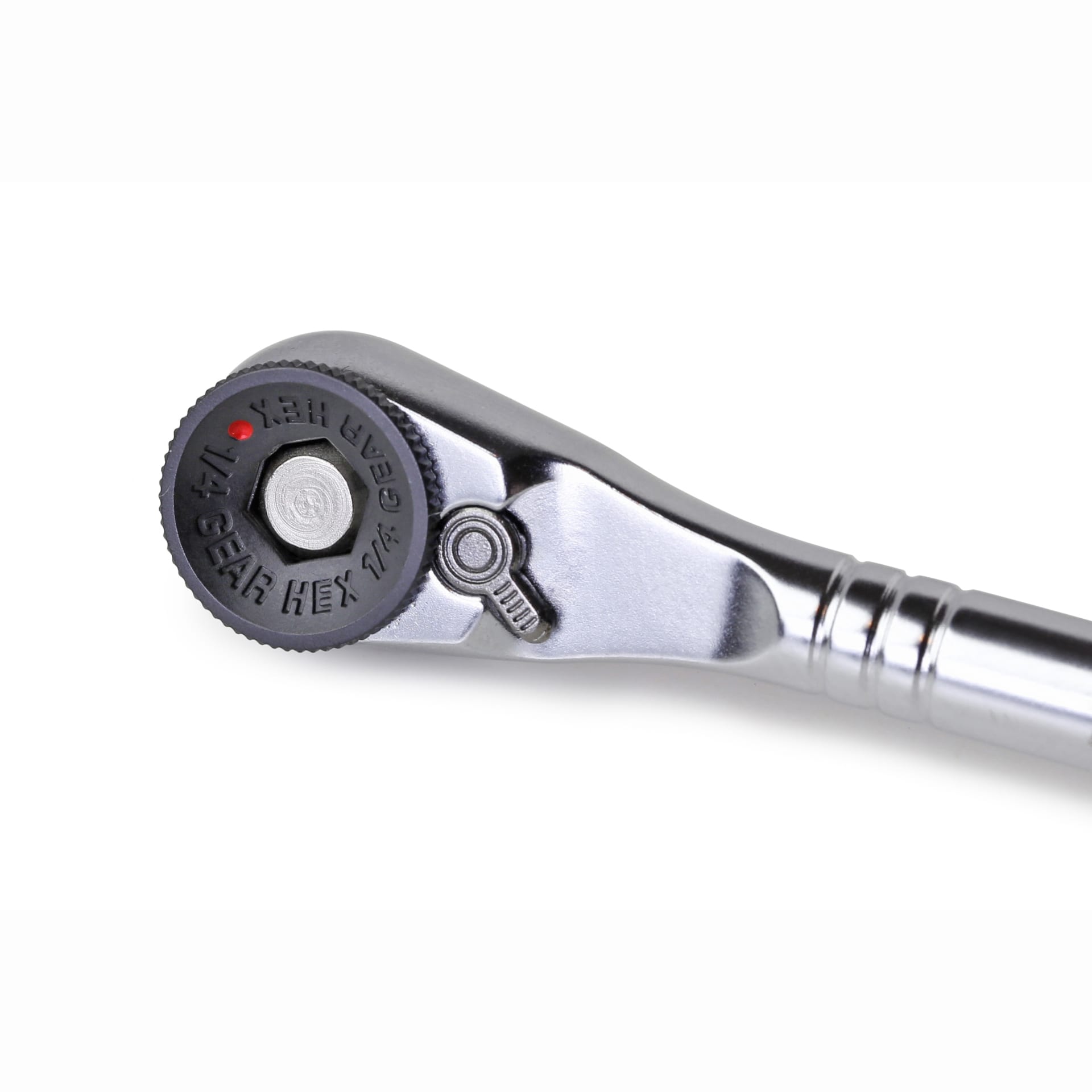 A close-up of the Prestacycle Pro T-Handle kits ratchet head, showcasing its gear mechanism and direction switch lever, with S2 bits and round holders visible against a white background.