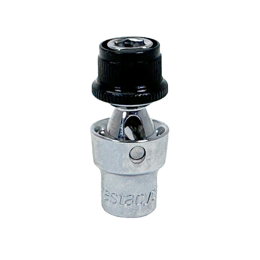 The Prestacycle Bits Swivel QR Torque Wrench Adapter features a shiny metal body with a black rotating collar, perfect for connecting 1/4″ socket wrenches or torque wrenches to sockets in tight or angled spaces.