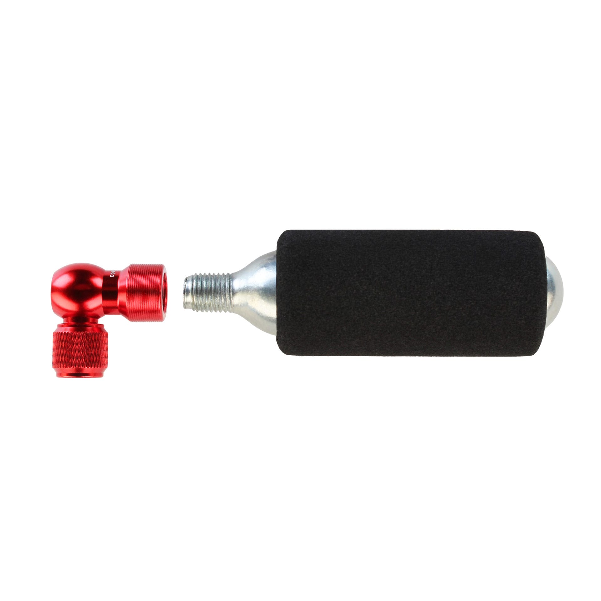 The Prestaflator Micro - CO2 / Pump Bundle includes a compact metal CO2 cartridge with a black foam sleeve and a red inflation head, both designed for rapid tire inflation, displayed on a white background.