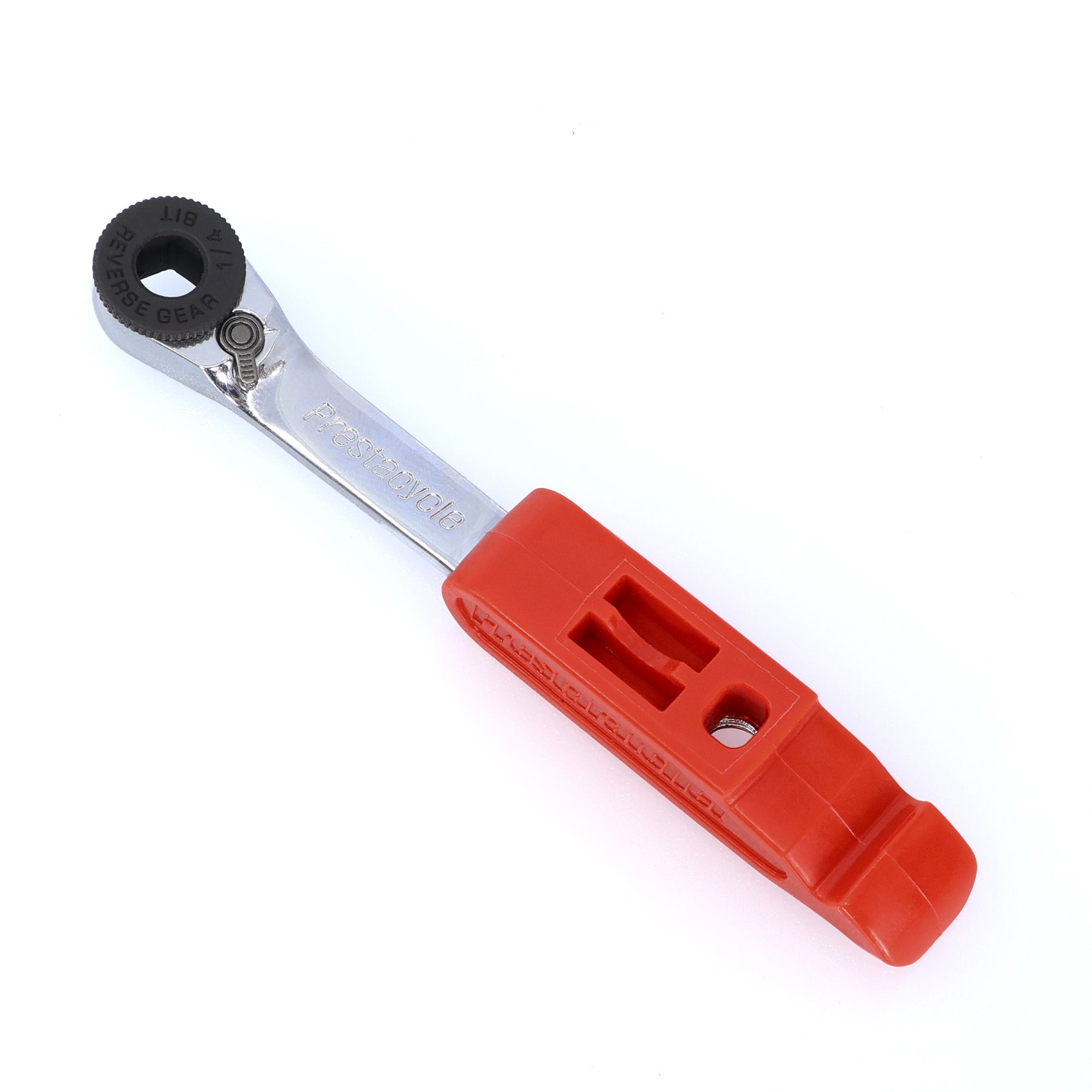 The Prestaratchet GO Multi-tool Kit features a metal ratcheting design with a round black gear head and red plastic handle, offering 5 tools in one. Shown on a white background.