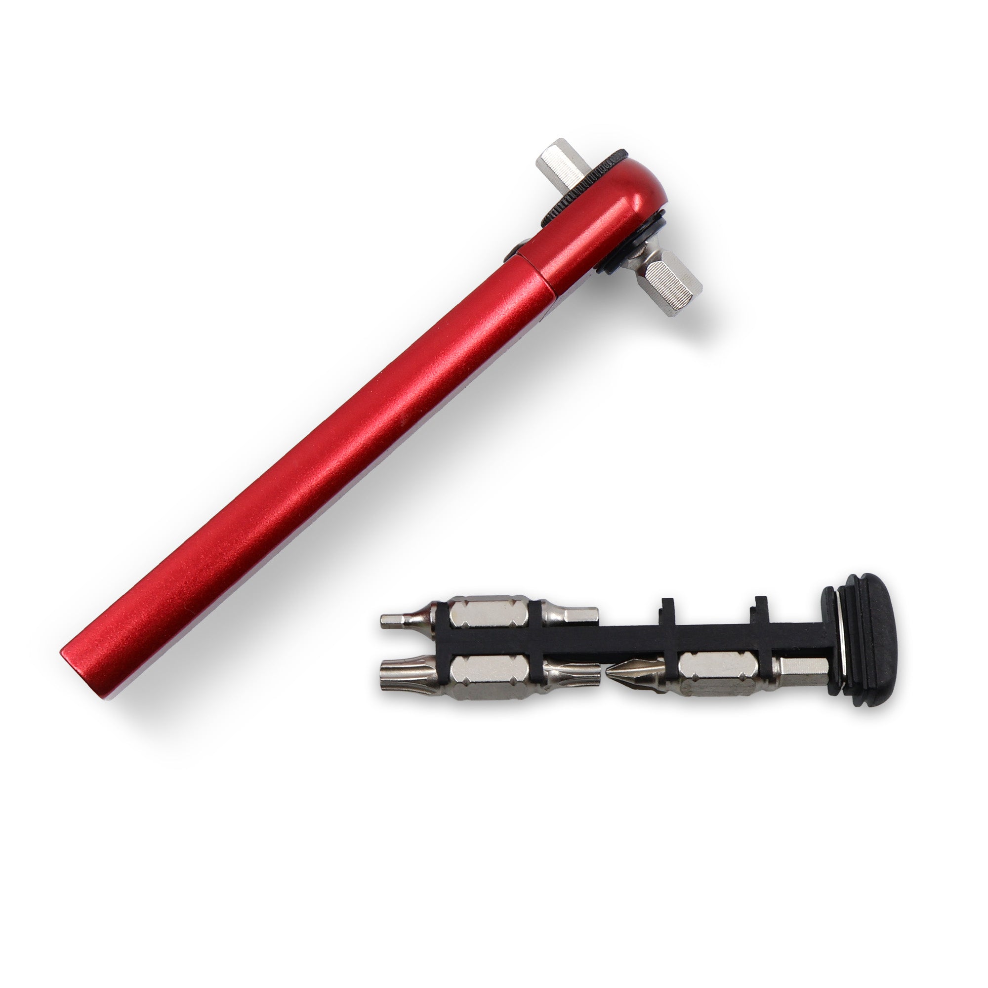 The Prestacycle PocketRatchet Lite is a compact red multi-tool with a black removable bit holder, storing several interchangeable screwdriver bits in its handle, shown on a white background.