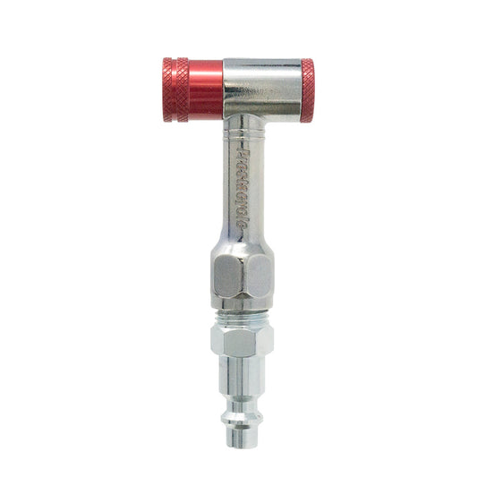 The Prestaflator Mini Pro is a metal right-angle Presta/Schrader inflator with a silver body and red end caps, designed for air compressors or pumps. It features a variable flow valve for precise control during bicycle inflation.