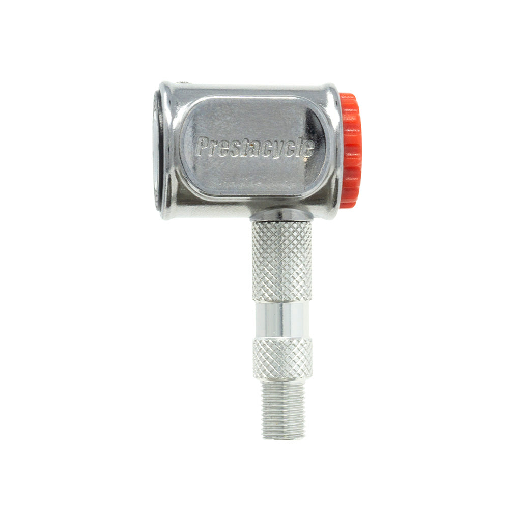 The Prestaflator PRO Digital Bicycle Tyre Inflator features both Presta and Schrader compatibility, a machined brass interior, knurled grip, red adjustment knob, and “Prestacycle” embossed on the side.