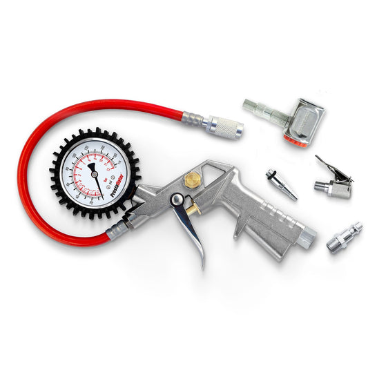 The Prestaflator PRO Bicycle Tyre Inflator - Presta & Schrader Air Compressor Tool features a pressure gauge, red hose, silver inflator gun, and multiple metal nozzles and adapters including a PRO Presta Head—all shown on a white background.