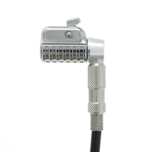 Close-up of the Prestacycle Pro Schrader Head metallic air chuck with a knurled grip and auto lock lever for inflating tires and checking pressure, shown against a white background.