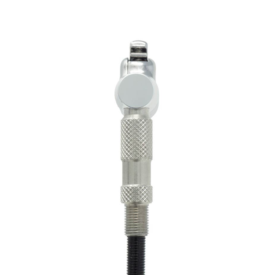 Close-up of a silver metal cable adjuster with knurled grip, commonly used for bicycle brakes or gears, against a plain white background—perfect for use with the Prestacycle Pro Schrader Head.