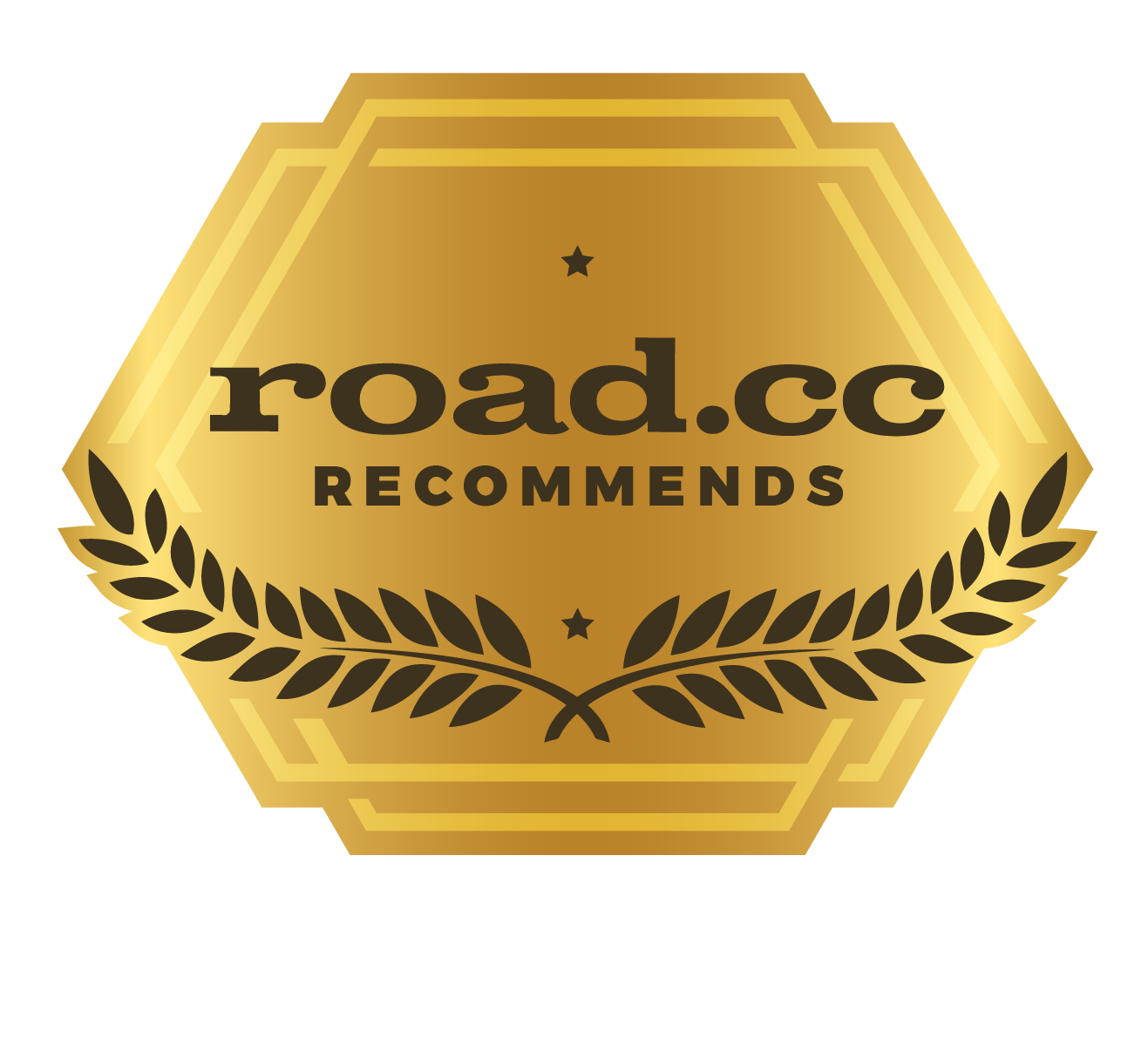 A gold hexagonal badge with black laurel leaves and stars, displaying road.cc RECOMMENDS in bold black letters at the center—perfect for standout products like the Prestacycle GO Bundle 8-in-1 complete Tool kit TO GO!.