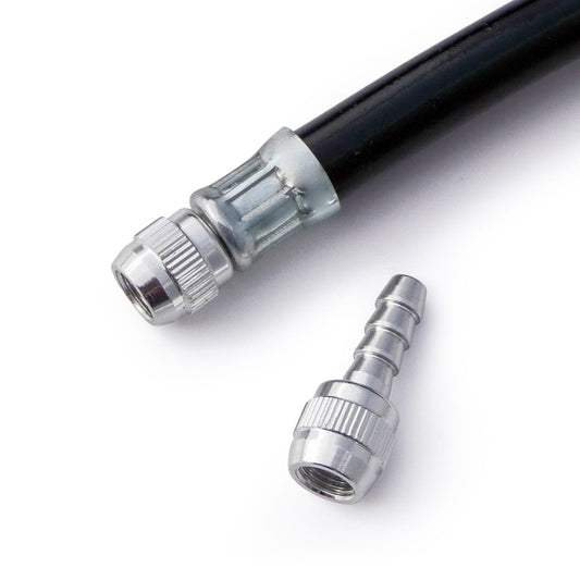 Close-up of the Prestacycle Schrader Hose Barb—a black hose with a shiny 6061-T6 Alloy connector and separate matching fitting—ideal for floor pump upgrades or use with Prestaflator accessories.