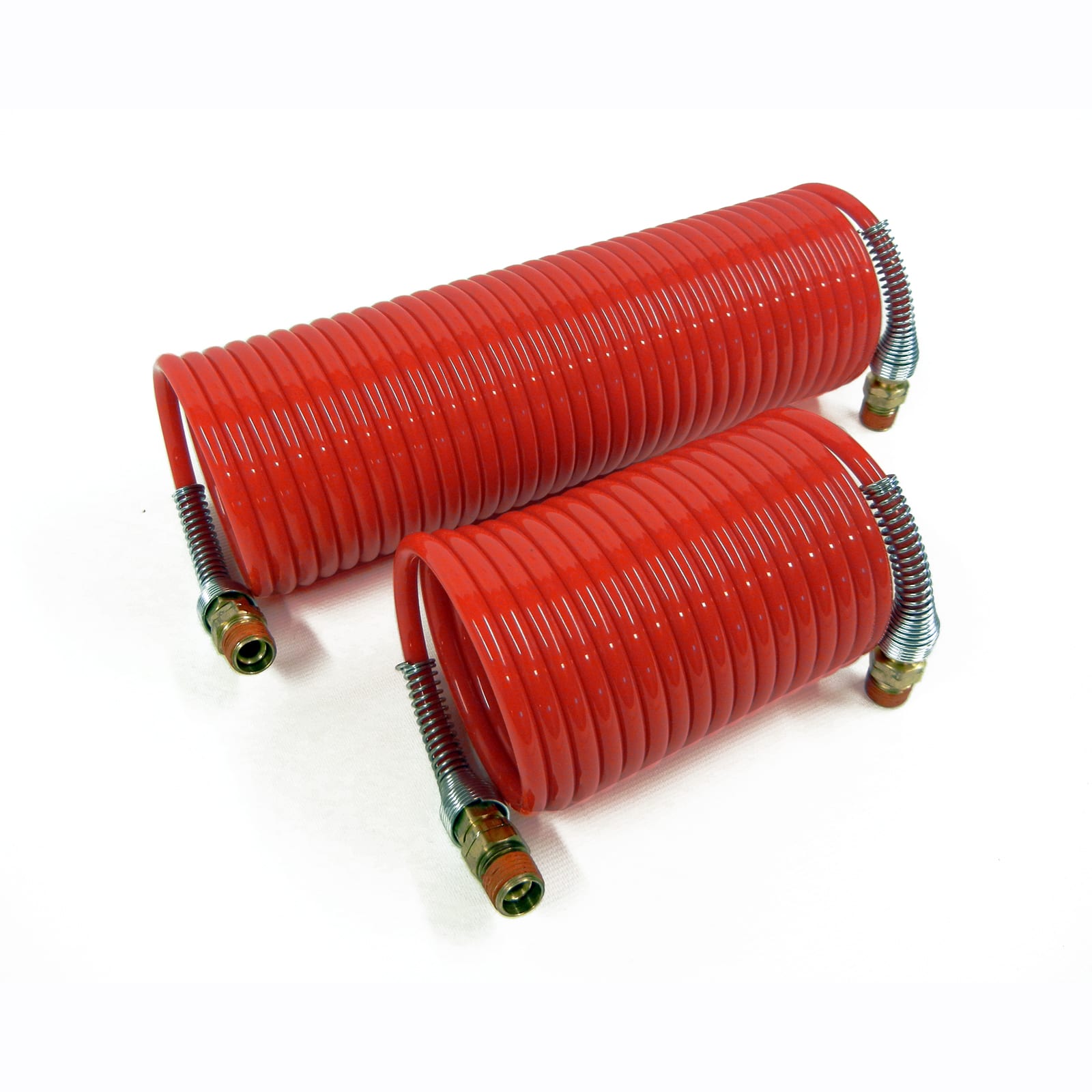 Two Prestacycle Coil Hoses with metal spring protectors and brass fittings on each end, ideal for portable air compressors, are displayed side by side against a white background.