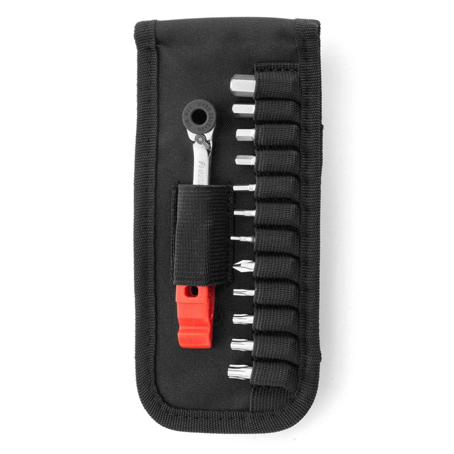 The Prestaratchet GO Wallet - 6 Function Multi-tool comes in a black fabric pouch and includes a reversible ratchet, a red-handled tool, and ten silver screwdriver bits organized vertically in elastic loops.
