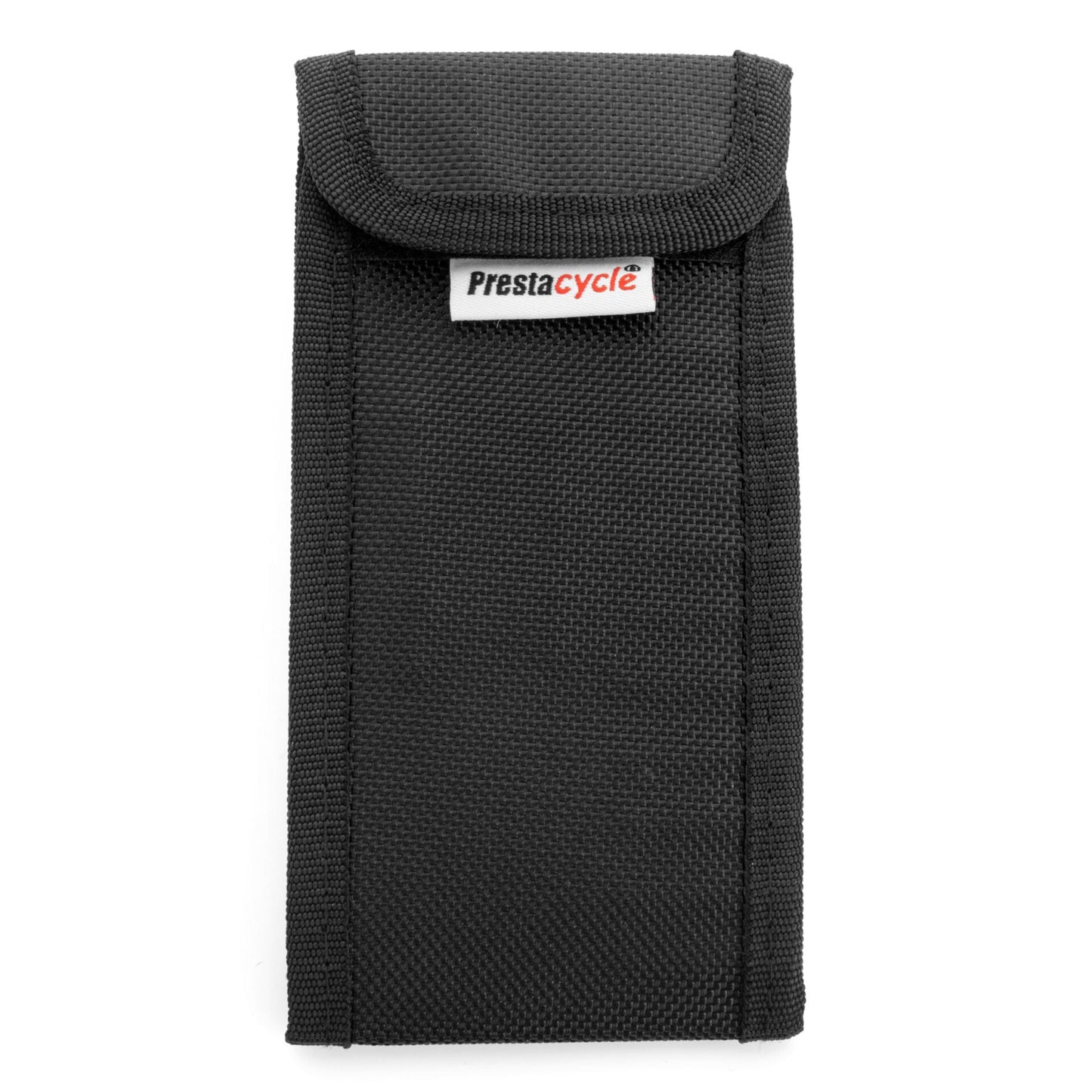 The Prestaratchet GO Wallet - 6 Function Multi-tool is a black, rectangular pouch with a flap closure and a white front label, perfect for carrying your bike tool in style and keeping essentials secure on every ride.