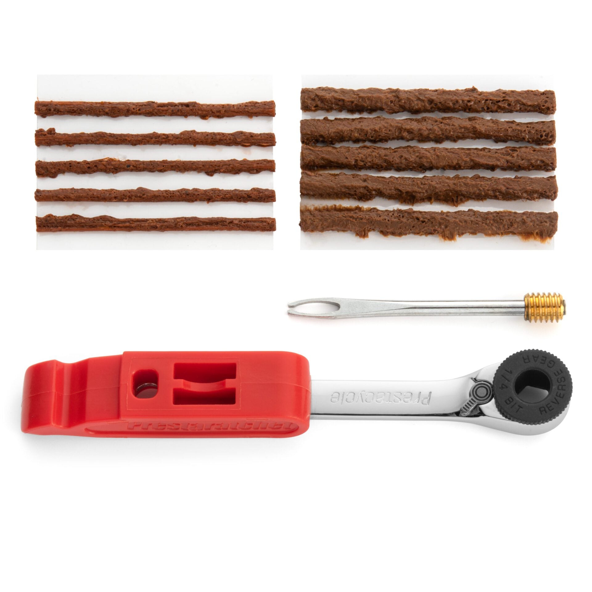 Pair the Prestaratchet GO Wallet - 6 Function Multi-tool with this tubeless tire repair kit: it includes five brown plugs, a metal insertion tool, threaded brass valve, and a red plastic handle with a black rotating end—ideal for on-the-go fixes.