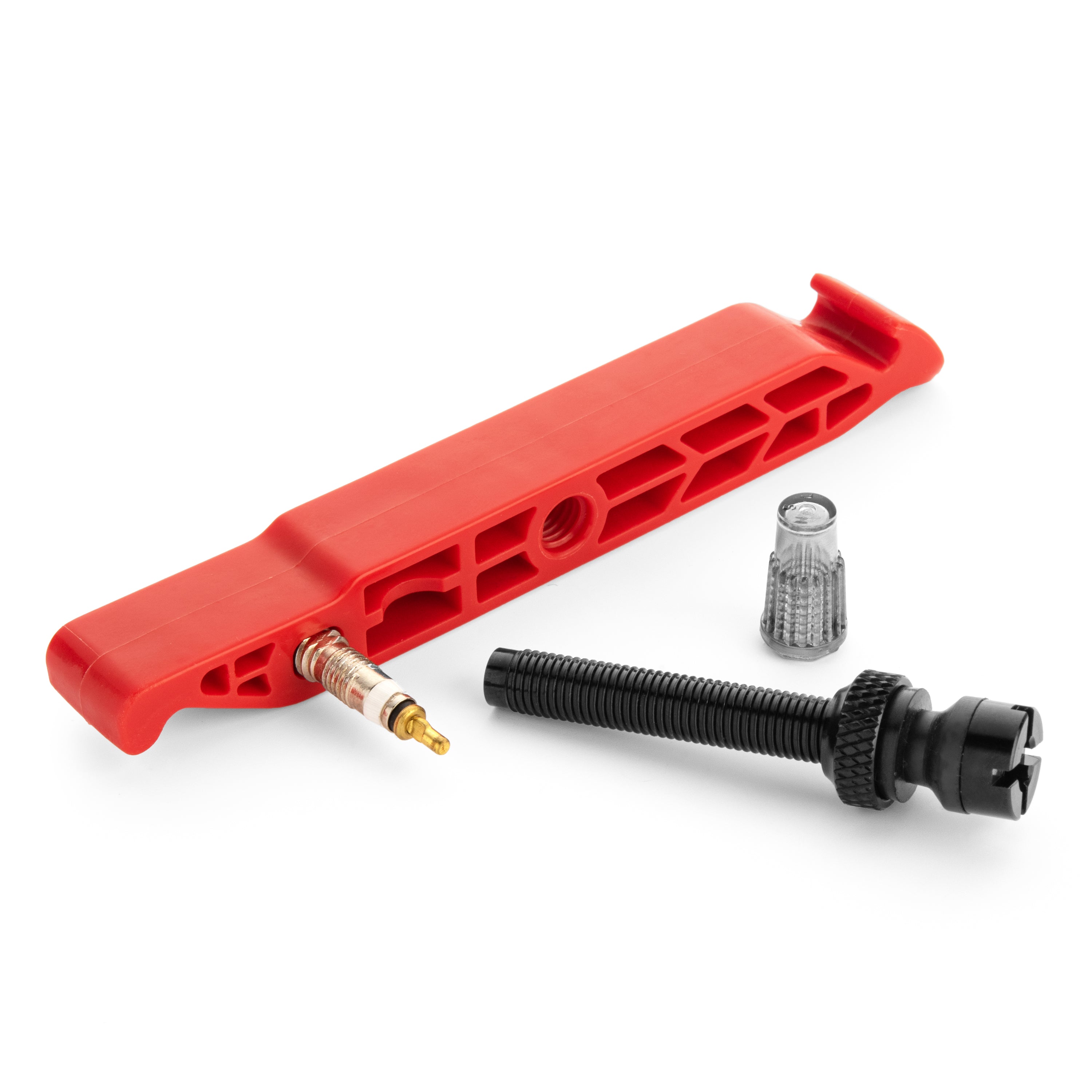 The Prestalever GO - 4/5 Function Multi-tool Tire Lever, featuring a red plastic tire remover, black Presta Valve Core tool, silver valve core, and transparent valve cap, is displayed on a white background.