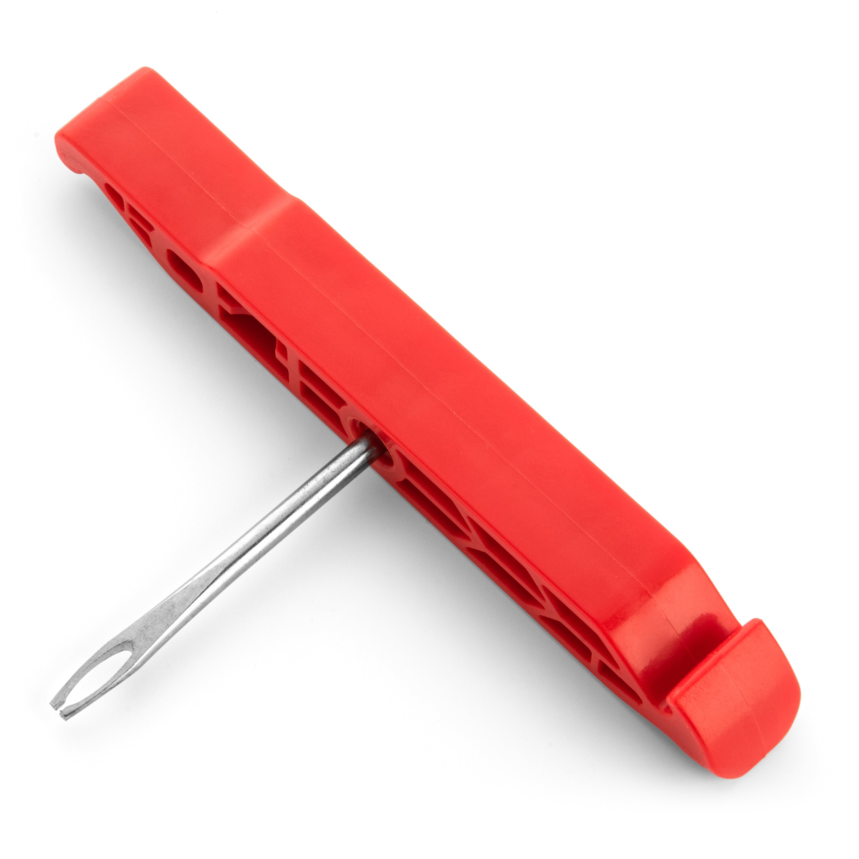 The Prestalever GO 4/5 Function Multi-tool Tire Lever features a red plastic ergonomic handle and a metal plugger, ideal for quick and efficient tubeless tire repairs.