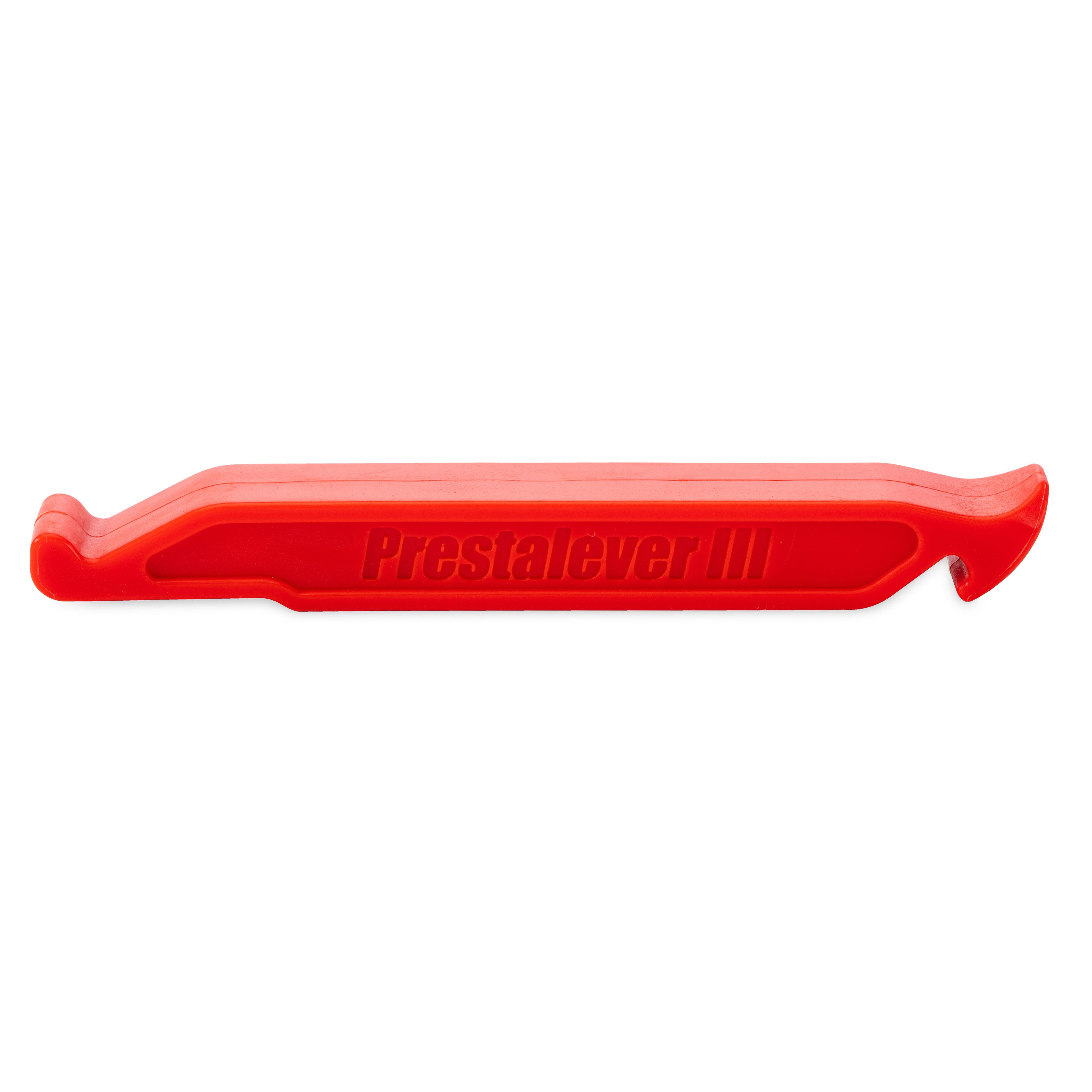 The Prestalever GO - 4/5 Function Multi-tool Tire Lever is a red plastic tire remover for bicycle rims, featuring the product name on its side and compatibility with Presta valve core tool functions.