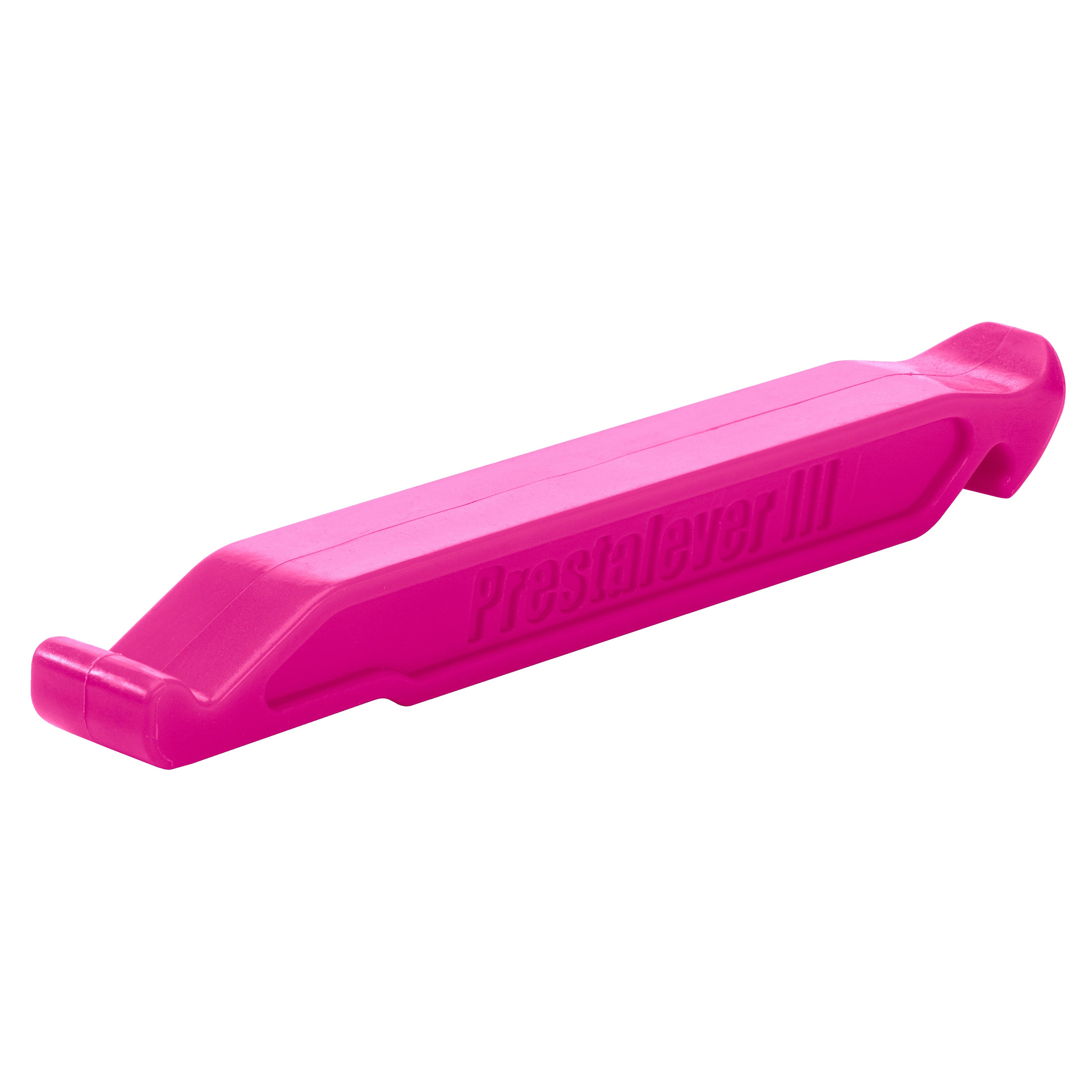 The Prestalever GO - 4/5 Function Multi-tool Tire Lever is a bright pink plastic lever for removing bicycle tires from rims and also serves as a handy Presta Valve Core tool.