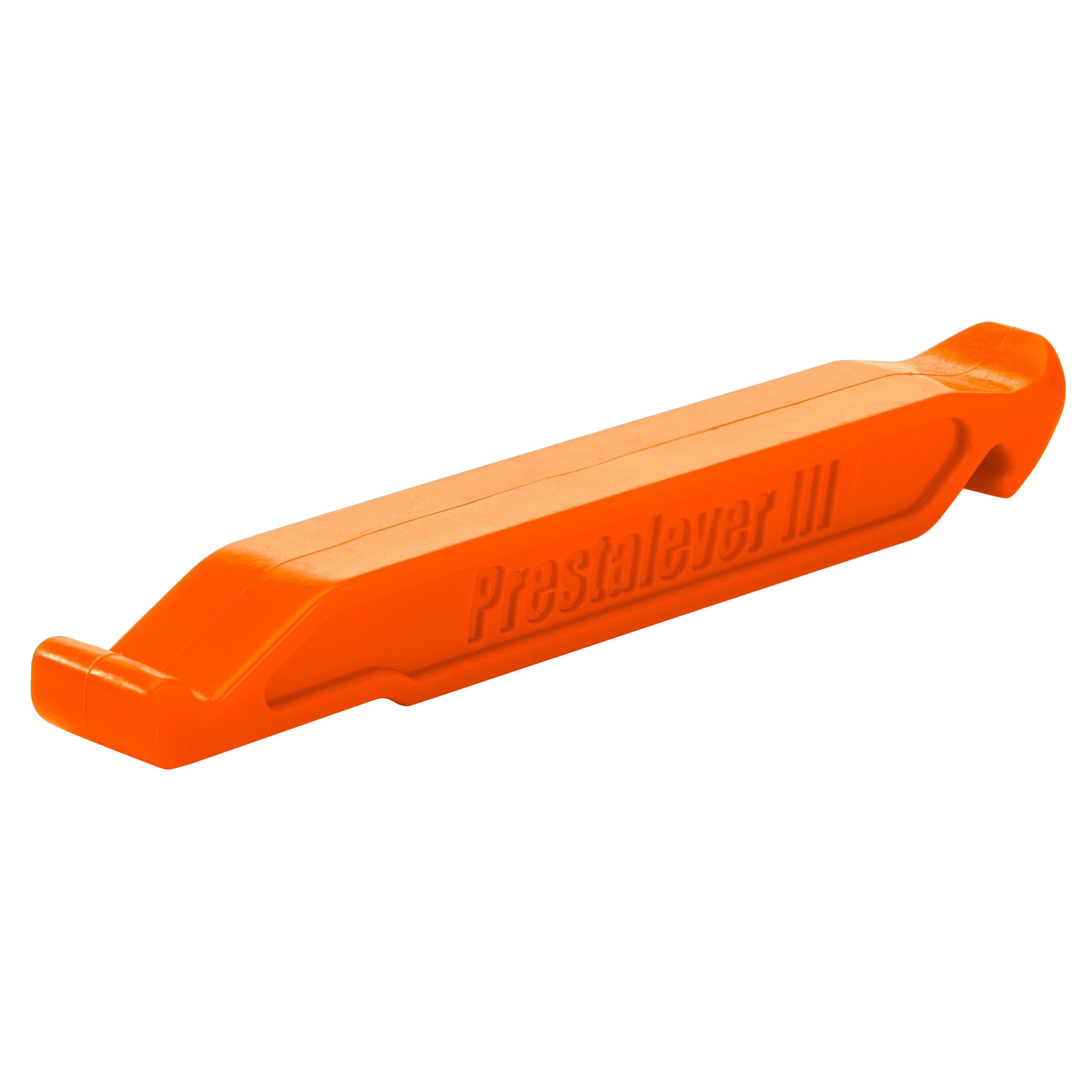 The Prestalever GO is an orange plastic bicycle tire lever for bike rims with 4/5 multi-tool functions, including a Presta valve core tool, designed for easy tire removal and added convenience.