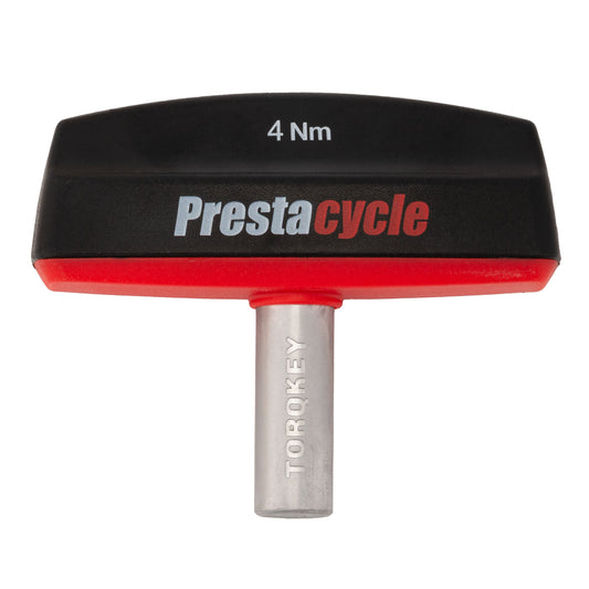 The Prestacycle Pro TorqKeys 4Nm T-Handle Torque-Limiting Bits Tool is a maintenance-free preset torque wrench with a black and red handle and metal shaft, designed for precise tightening of bicycle components.