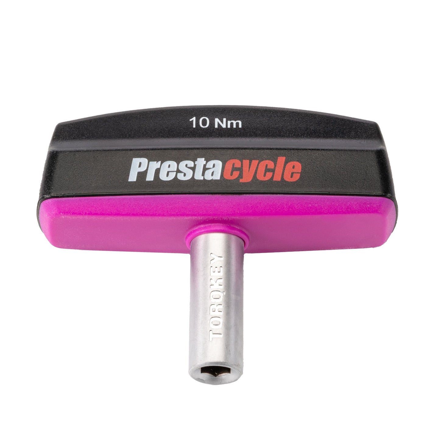 The Prestacycle Pro TorqKeys 10Nm T-Handle Torque-Limiting Bits Tool features a black and pink handle and a durable maintenance-free metal Torx key.