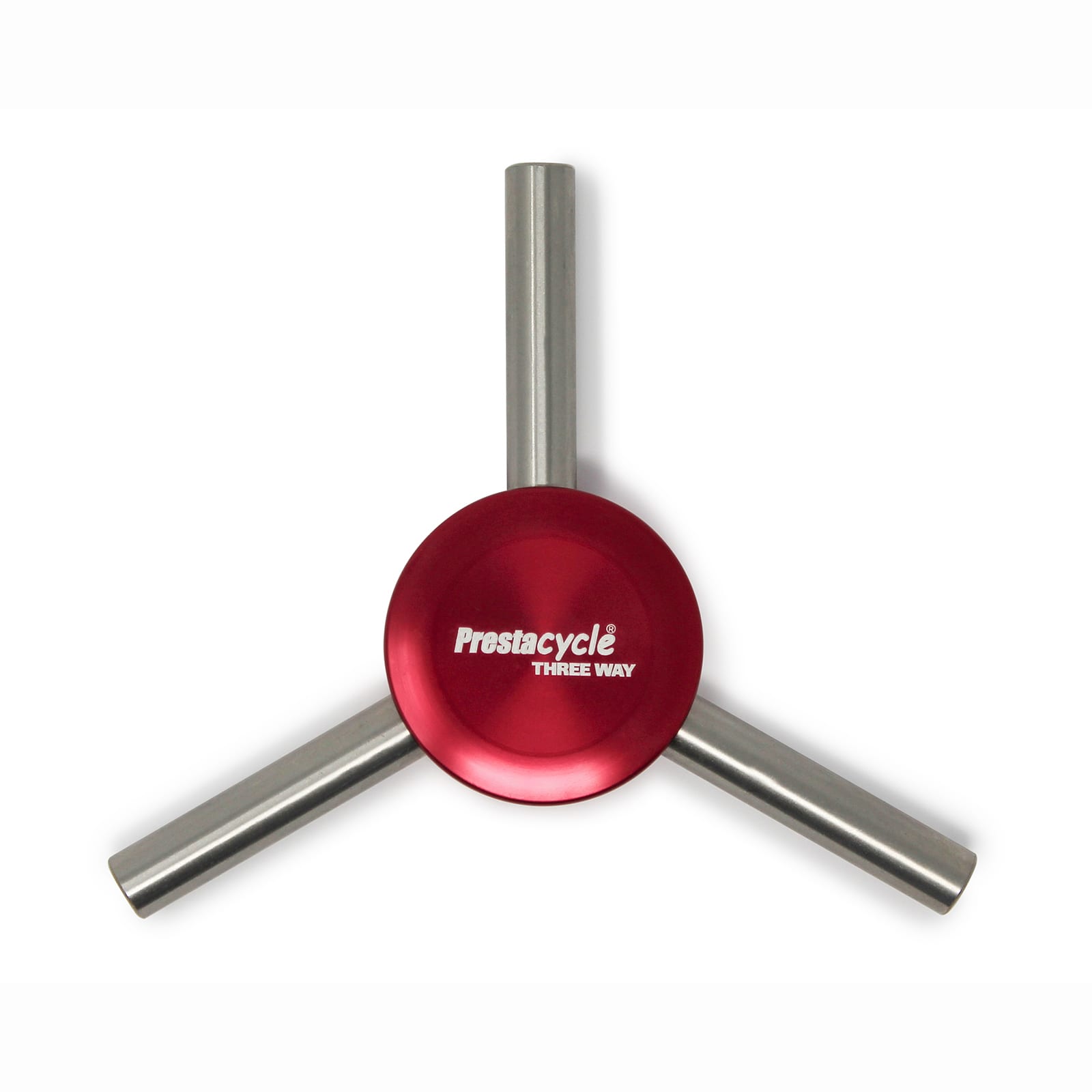 A Prestacycle Three Way Y Bits Tool featuring a silver reinforced alloy body and a red circular center labeled Prestacycle THREE WAY, shown on a white background.