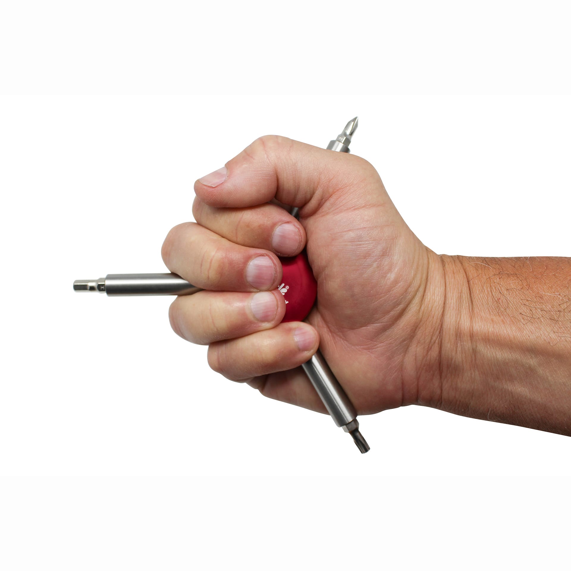 A hand holds the Prestacycle Three Way Y Bits Tool with a reinforced alloy body and two interchangeable metal bits on each end, set against a white background.