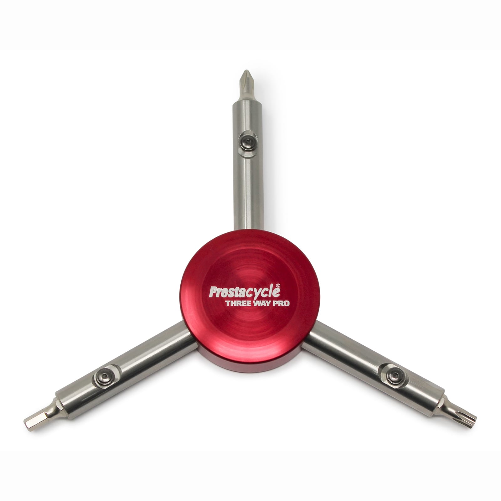 The Prestacycle Professional Three Way Y Bits Tool Kit by Prestacycle features a red circular center and 1/4″ Hex bits as screwdriver tips extending from each arm.