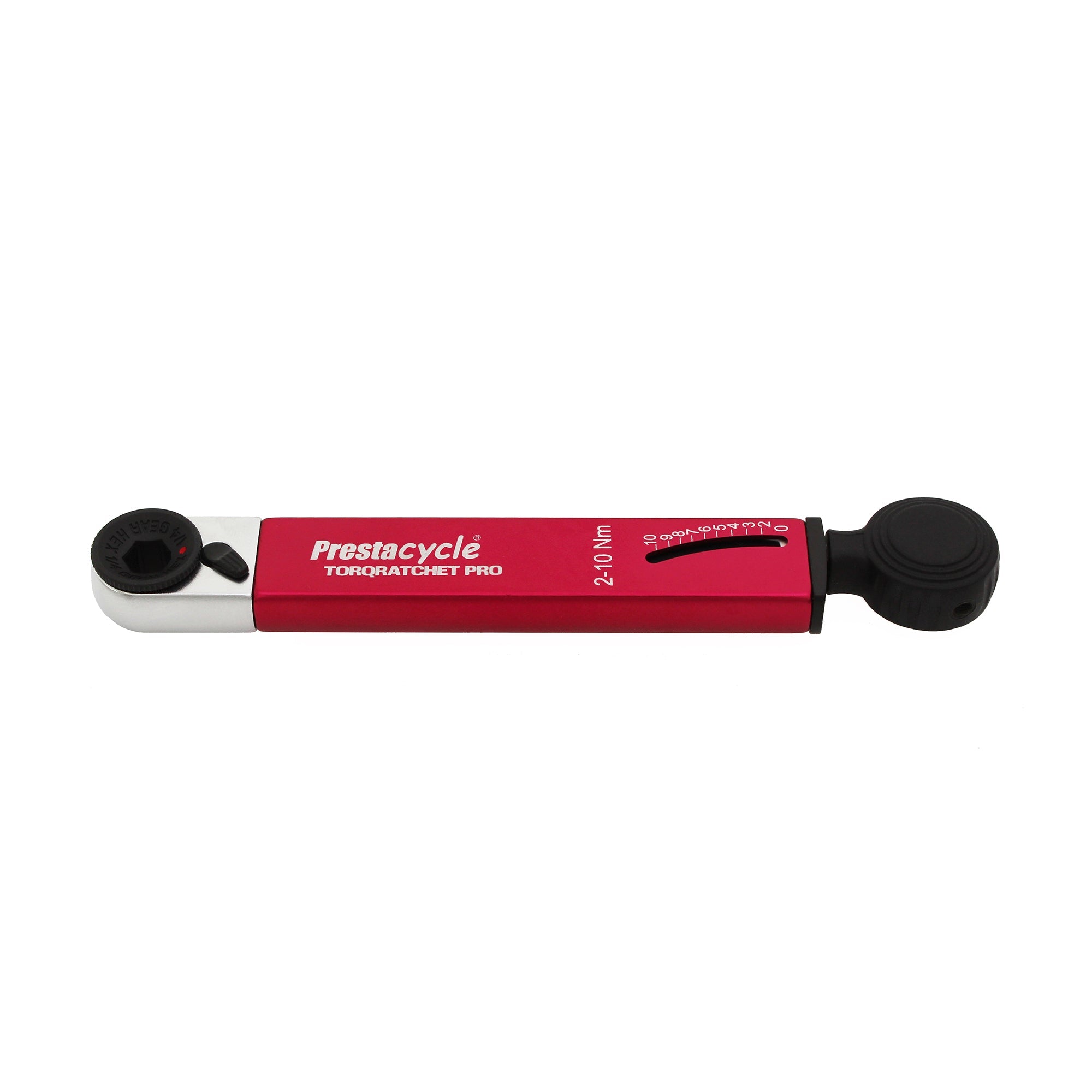 A red and silver Prestacycle TorqRatchet PRO Wallet (2–10Nm torque), a Pro Pocket multi-tool with black adjustment dial, is displayed against a plain white background.