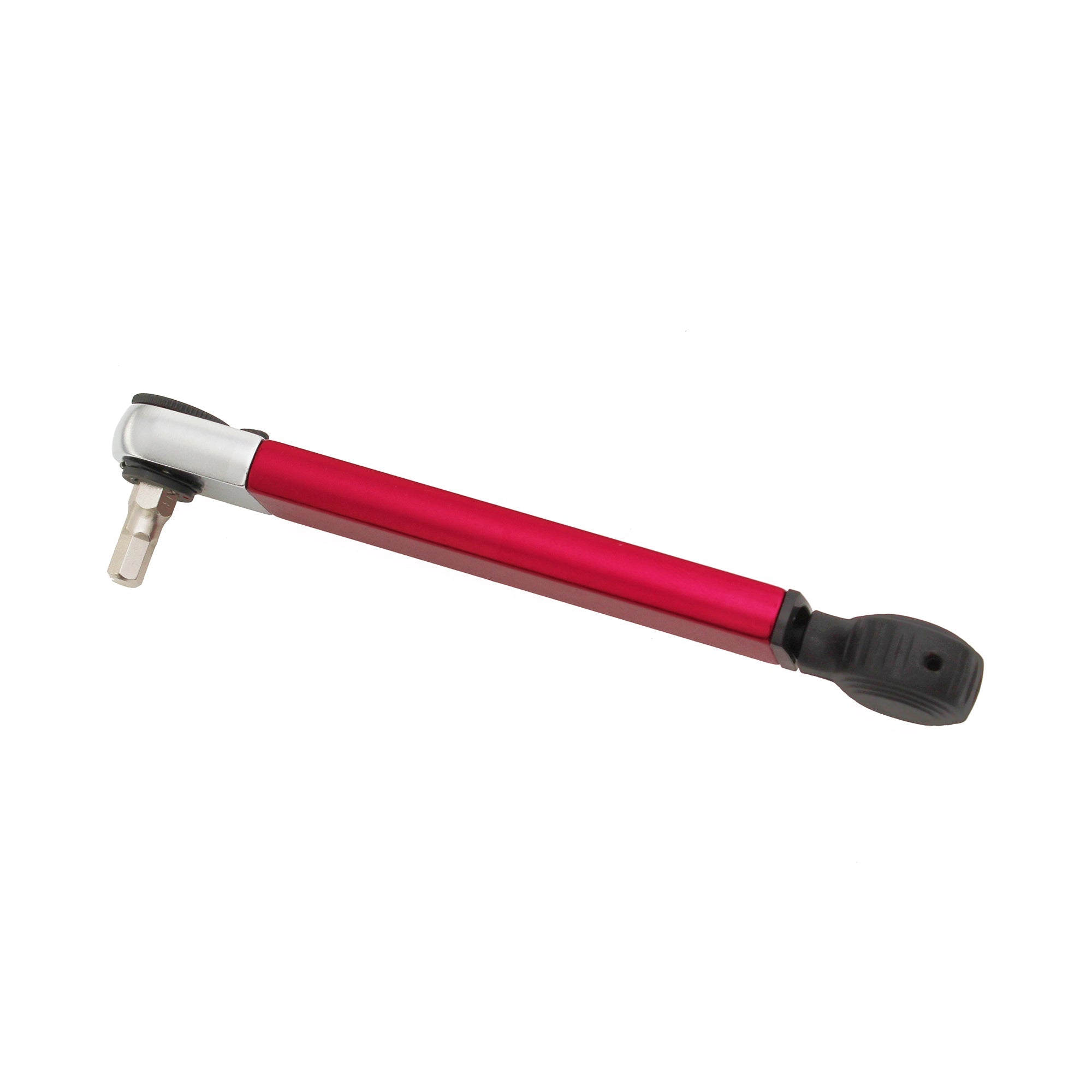 The Prestacycle TorqRatchet PRO Wallet, a compact red and black multi-tool and 2~10Nm torque ratchet, is shown with a silver nozzle and black plastic handle, displayed against a white background.