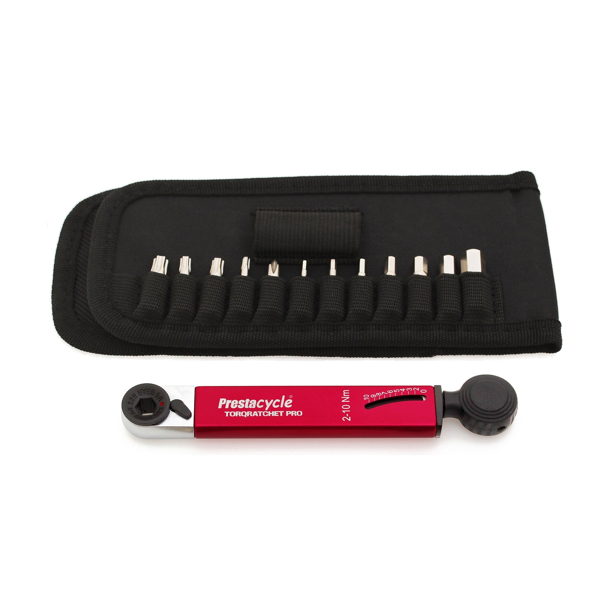 The Prestacycle TorqRatchet PRO Wallet is shown with a black adjustment dial, ten interchangeable bits, and a black carrying case—an essential bike tool for precise 2~10Nm adjustments.