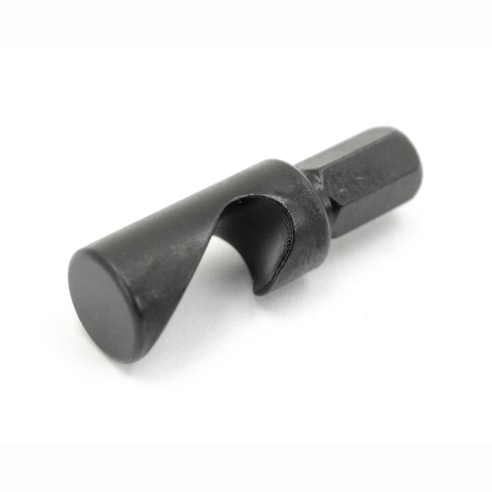 The Prestacycle Bottle Opener Specialty Bit by Prestacycle features a black steel design with a flat round end, spiral blade, and hexagonal back for easy drill attachment. Shown on a white background as part of the accessory line.