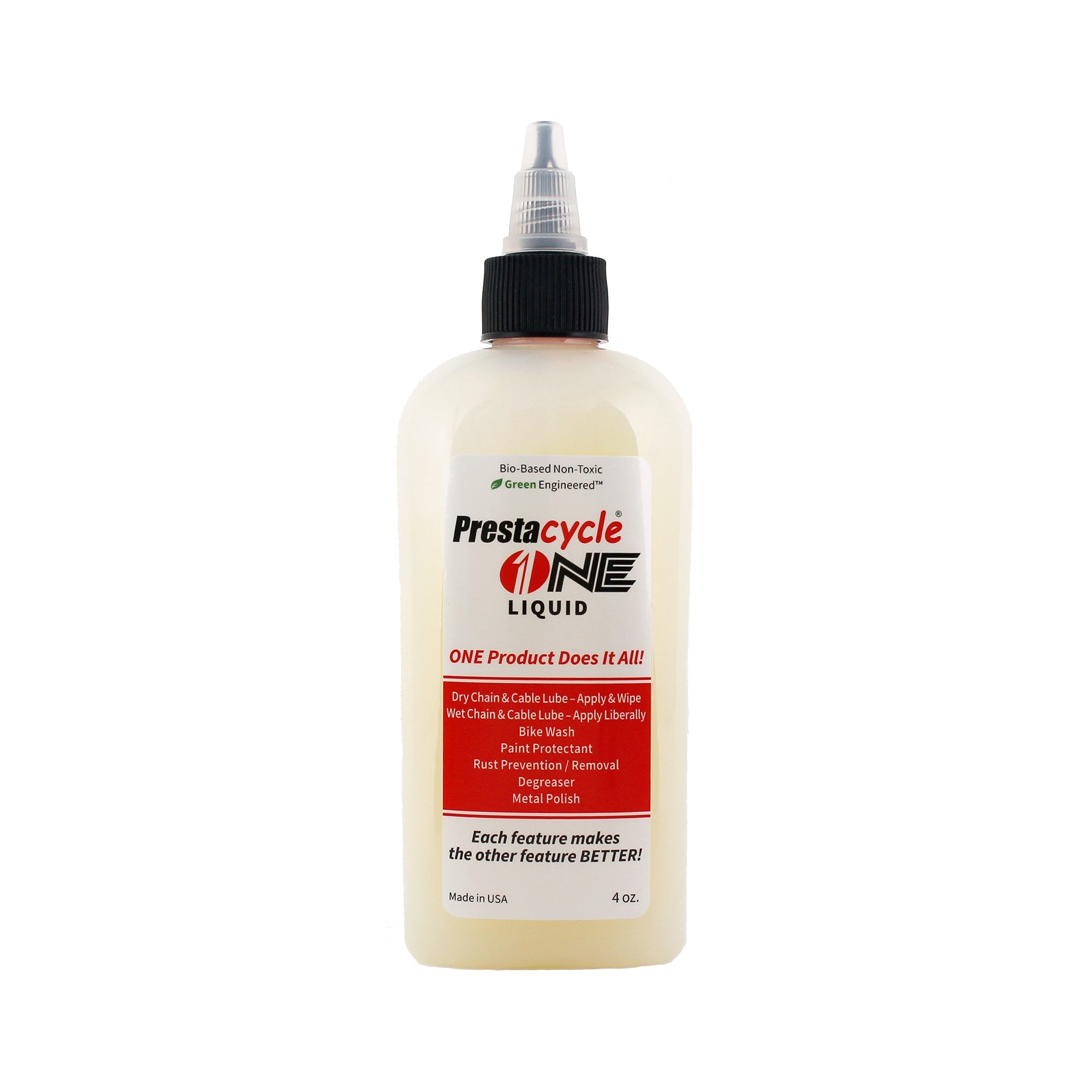 The 4 oz Prestacycle One Liquid is a USDA Certified Bio-Based lubricant and cleaner with a pointed nozzle cap, suitable for chains, cables, rust removal, and protection.
