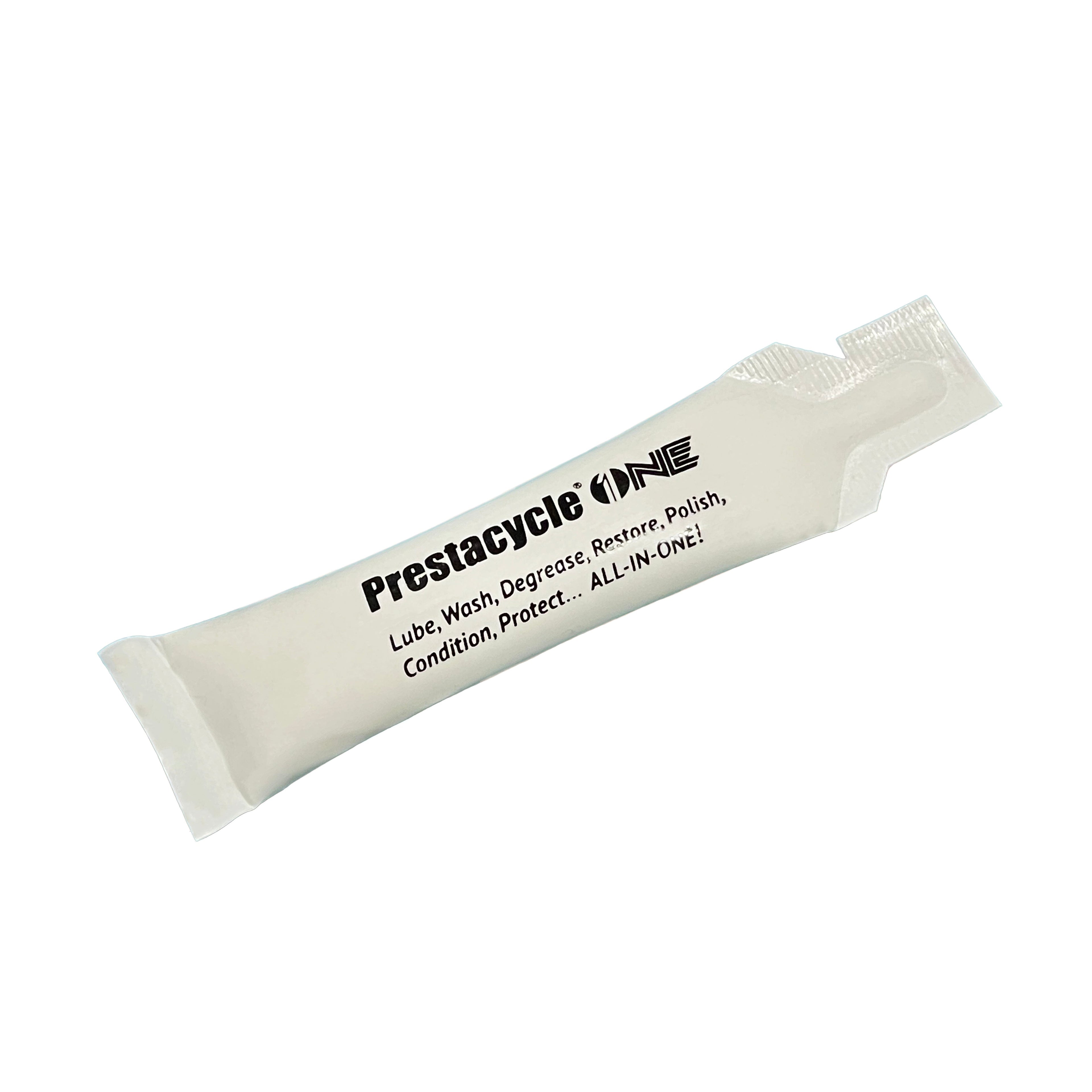 A single-use packet of Prestacycle One Liquid by Prestacycle, displaying USDA Certified Bio-Based and ASTM International logos, offers all-in-one lube, wash, degrease, restore, polish, condition, and protect on a plain white background.