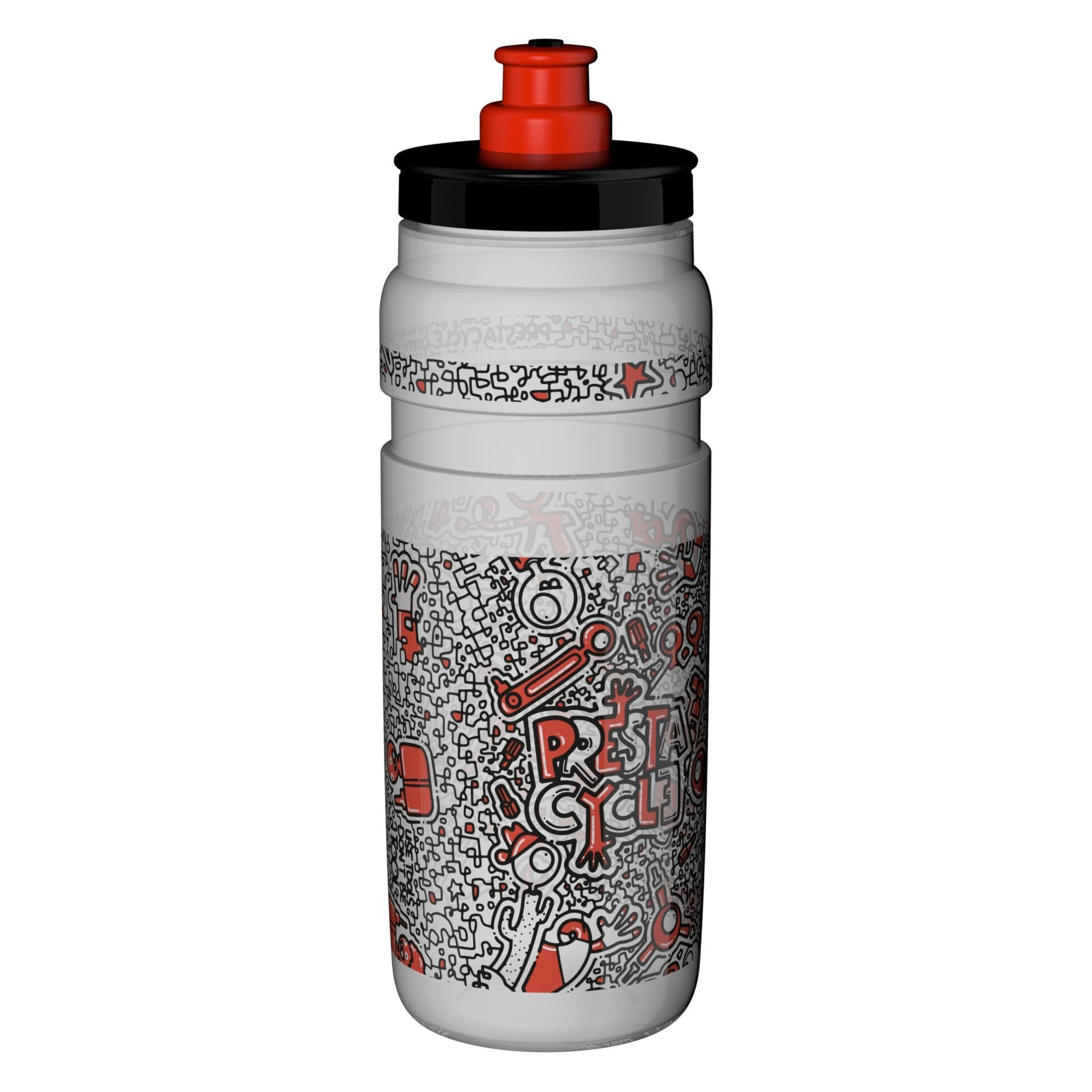 The Prestacycle Elite Fly 750ml Clear Water Bottle from The Kenton Collection is a lightweight cycling bottle featuring a sleek design with bold Prestacycle branding and a black-red cap, perfect for staying hydrated on any ride.