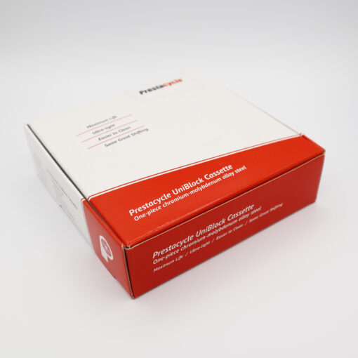 A red and white box labeled Prestacycle UniBlock PRO Cassette (10 Speed) (Campagnolo) sits on a plain white background, featuring a one-piece chromoly steel cassette for Campagnolo 10-speed drivetrains.