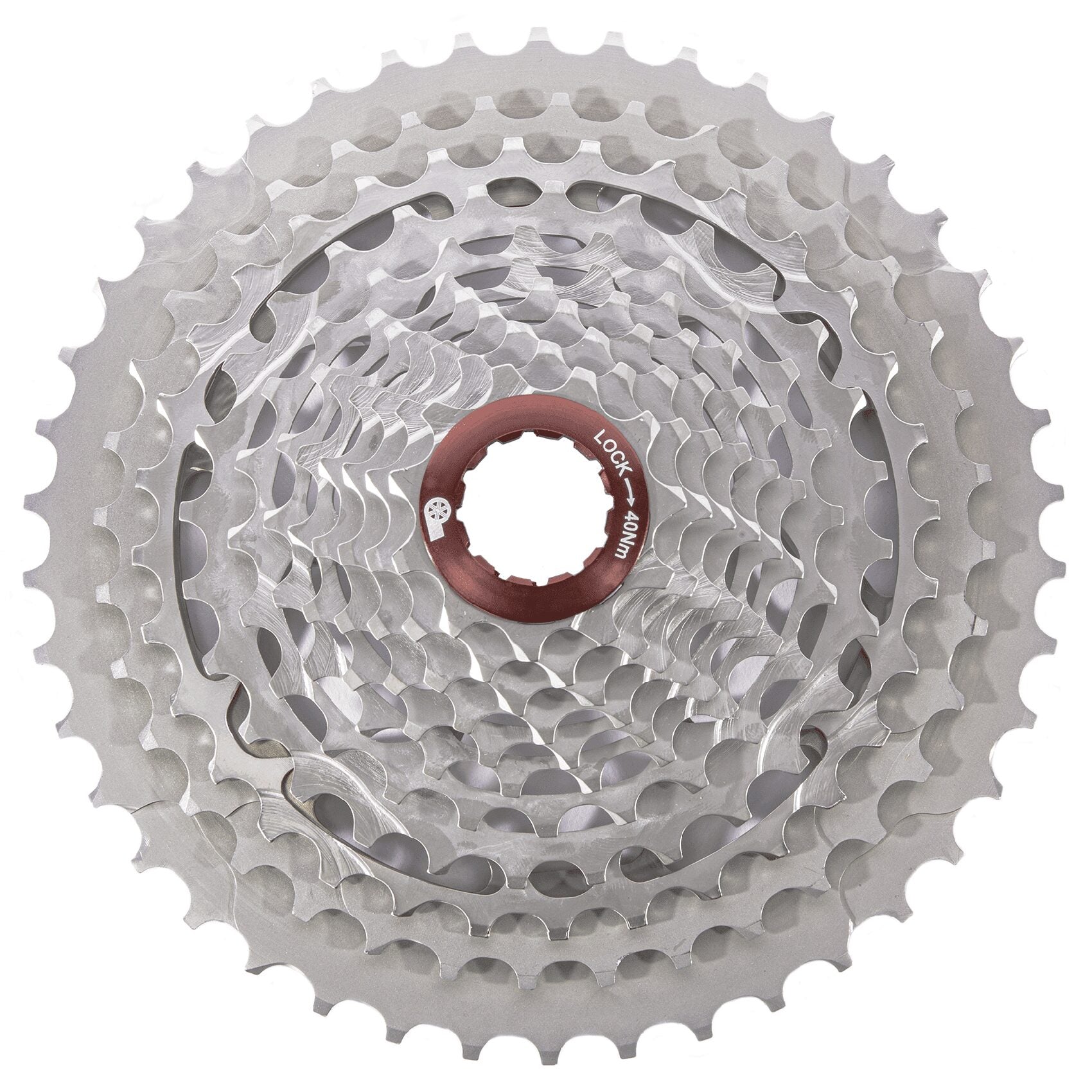 A close-up of the Prestacycle Uniblock PRO Gravel Cassette (11 Speed) (Shimano) reveals multiple chromoly steel gears arranged concentrically, with a red center lockring marked LOCK - 40Nm.