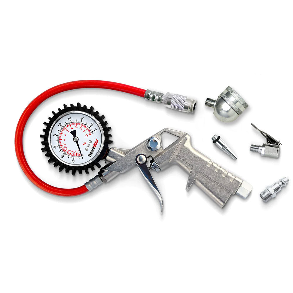 The Prestaflator Bicycle Tyre Inflator – Presta &amp; Schrader Air Compressor Tool kit features a red hose, silver handle, pressure gauge, and several metal nozzle attachments, including a Presta valve inflator, all displayed on a white background.