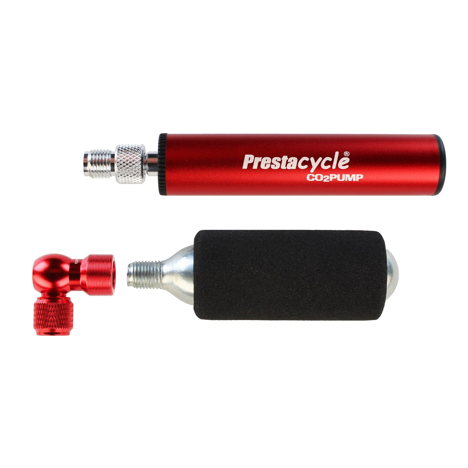 The Prestaflator Micro - CO2 / Pump Bundle, featuring a red CO2 pump with a Presta valve-compatible head and a black foam-sleeved cartridge, is displayed on a white background.