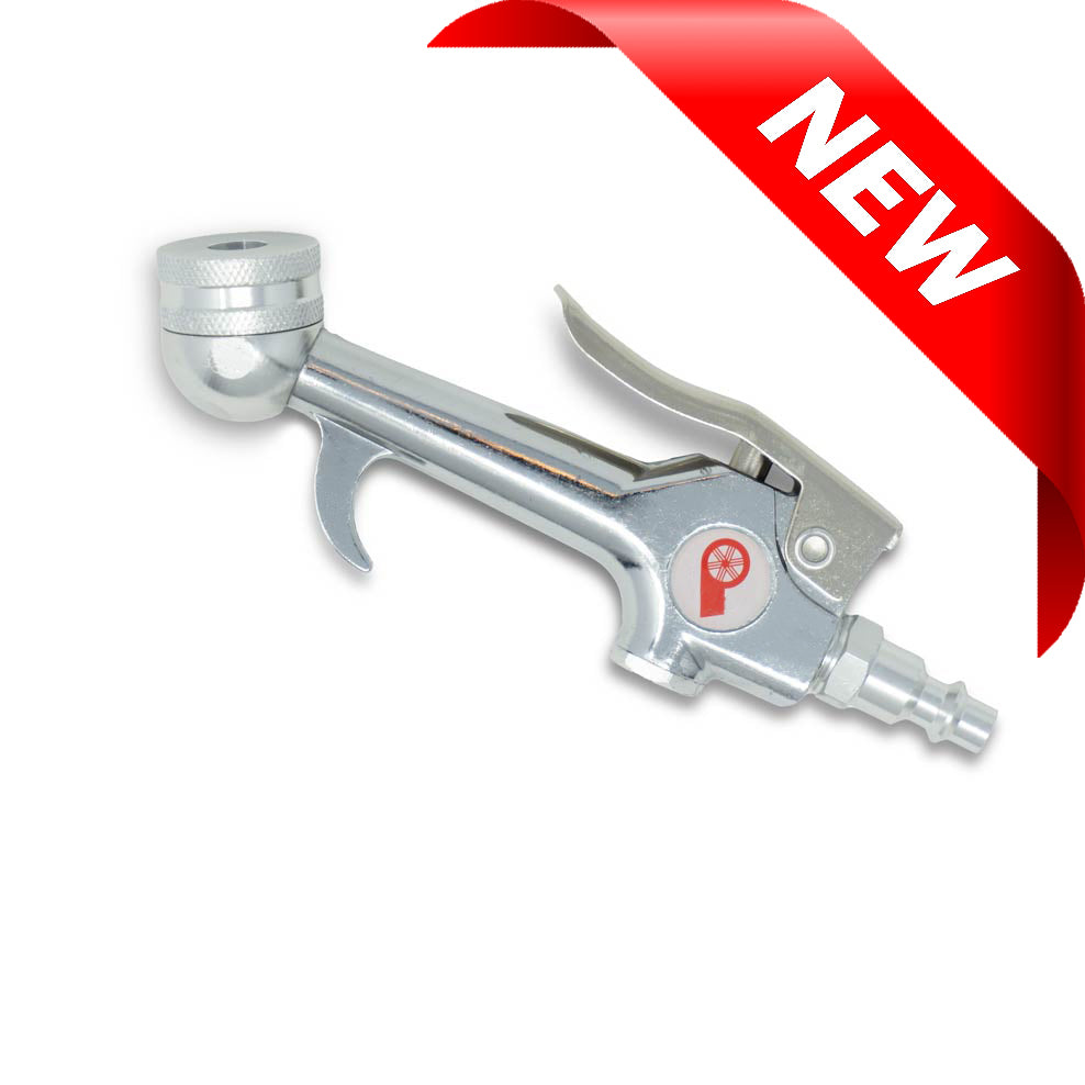 The Prestaflator Mini - Presta Air Compressor Tyre Inflator is a shiny metal, one-handed air blow gun with a top-mounted nozzle and trigger, displayed on white. A red corner banner at the top right shows NEW in bold white letters.