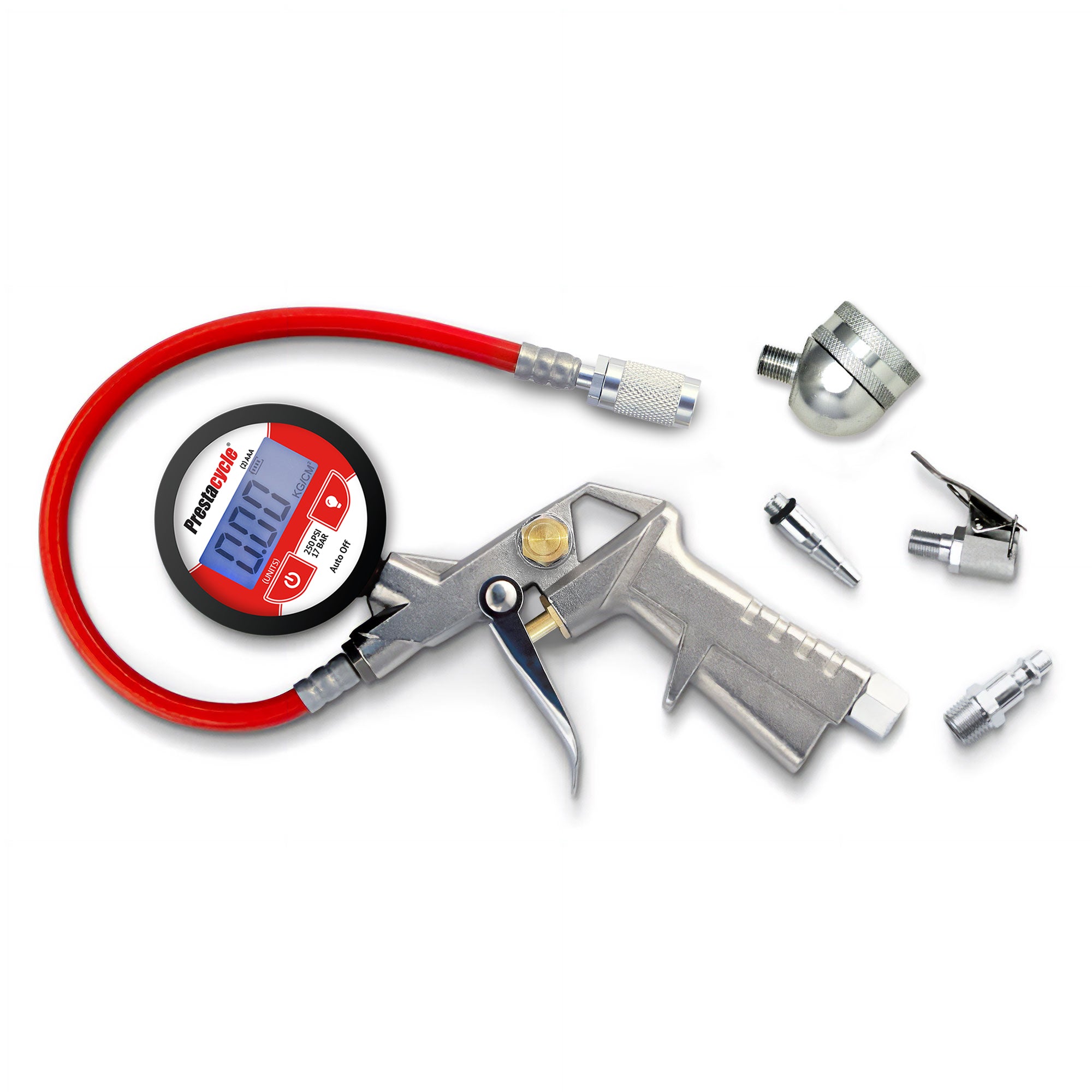 The Prestaflator Digital Bicycle Tyre Inflator—compatible with Presta &amp; Schrader valves—features a rapid digital gauge, red hose, sturdy metal handle, pressure gauge, and multiple metal adapters and attachments on a white background.